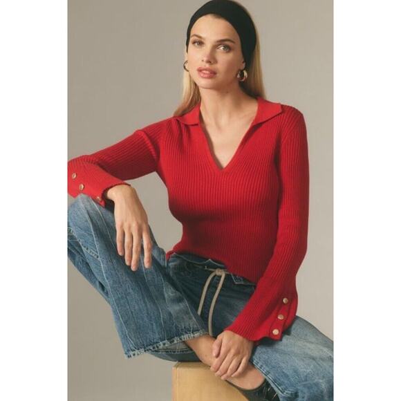 Anthropologie Maeve Polo Bell Sleeve Sweater •M• Long Ribbed Red Holiday Button - Picture 4 of 13